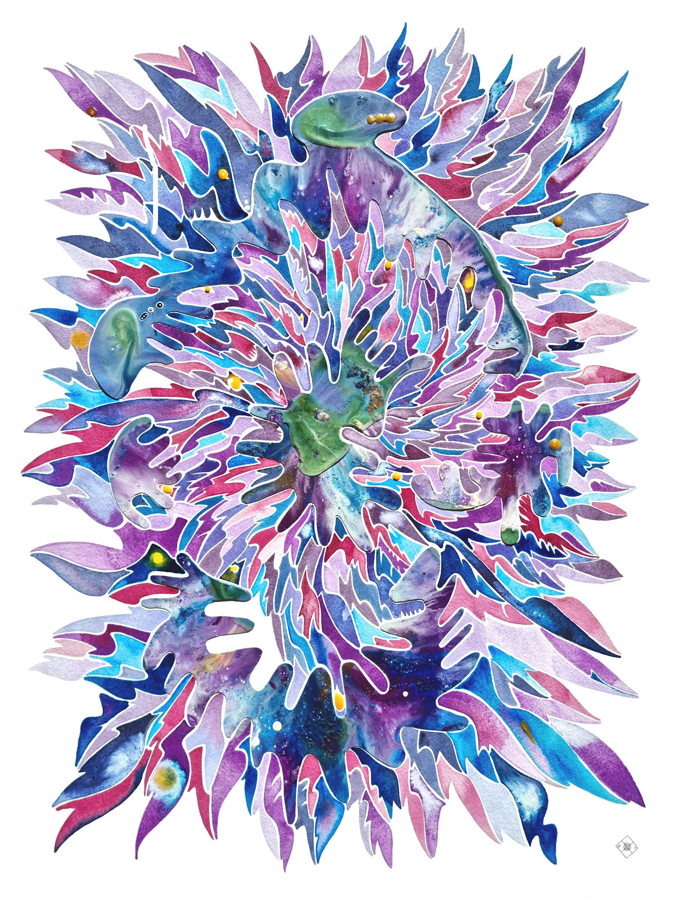 Aquarelle abstraite contemporaine. Violet bleu et rose. Format 56 x 76 cm. Full image