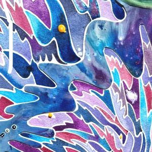Aquarelle abstraite contemporaine. Violet bleu et rose. Format 56 x 76 cm. Extrait 1