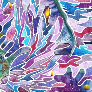 Aquarelle abstraite contemporaine. Violet bleu et rose. Format 56 x 76 cm. Extrait 2