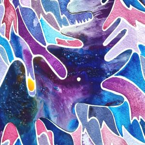 Aquarelle abstraite contemporaine. Violet bleu et rose. Format 56 x 76 cm. Extrait 3