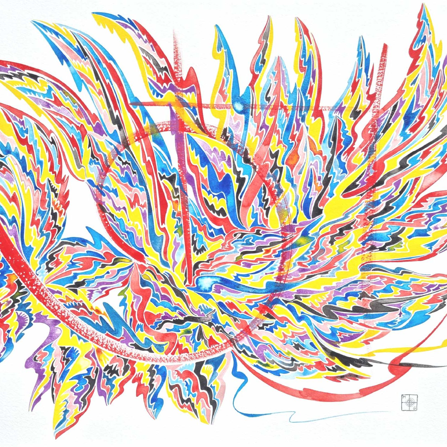 Allégorie de l'authenticité - Murielle Ginestet Aquarelle abstraite contemporaine. Rouge, bleu, jaune. Format 76 x 56 cm. Full image