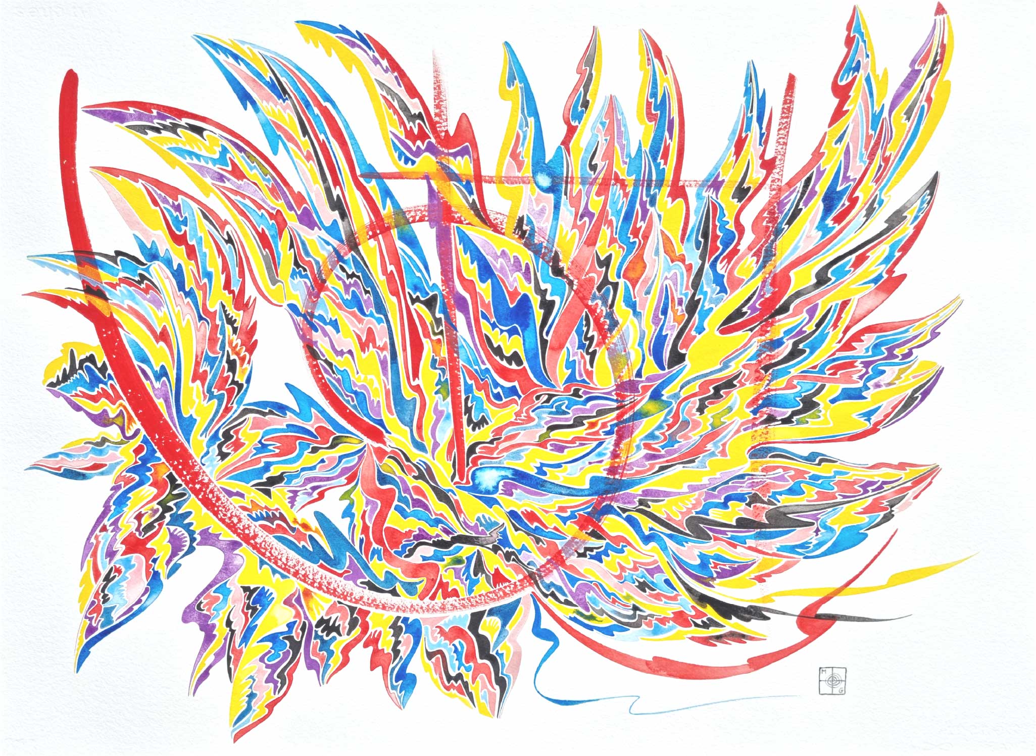 Aquarelle abstraite contemporaine. Rouge, bleu, jaune. Format 76 x 56 cm. Full image