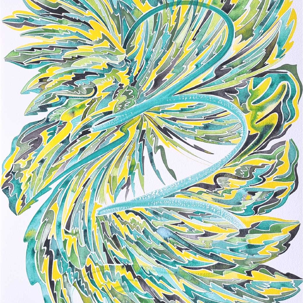 Les bains de l'âme - Murielle Ginestet Aquarelle abstraite contemporaine. Vert, noir et jaune. Format 56 x 66 cm. Full image