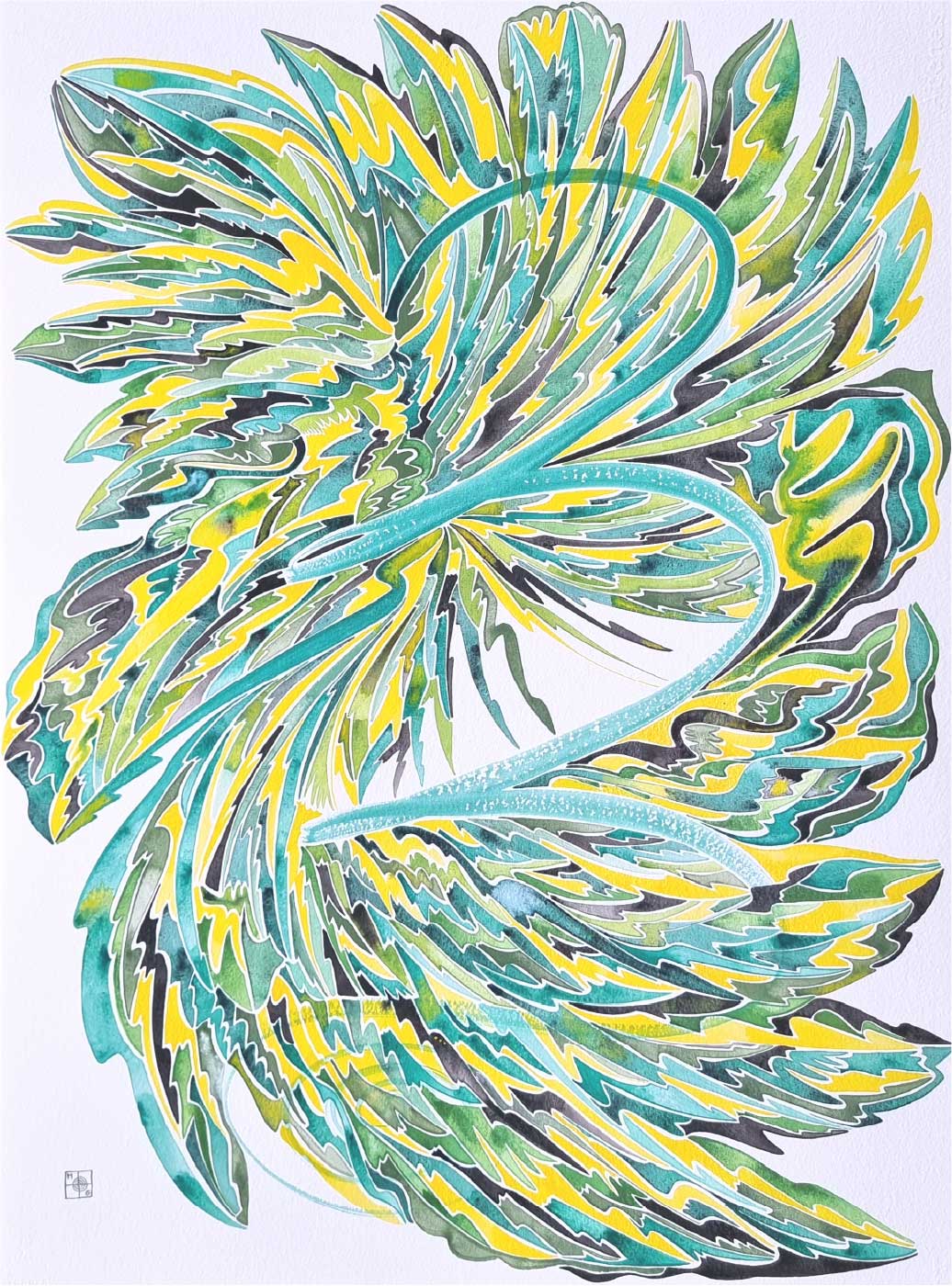 Aquarelle abstraite contemporaine. Vert, noir et jaune. Format 56 x 66 cm. Full image