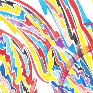 Aquarelle abstraite contemporaine. Rouge, bleu, jaune. Format 76 x 56 cm. Extrait 1