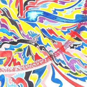 Aquarelle abstraite contemporaine. Rouge, bleu, jaune. Format 76 x 56 cm. Extrait 3