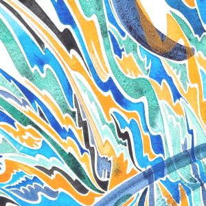 Aquarelle abstraite contemporaine. Noir, orange, bleu. Format 76 x 56 cm. Extrait 1