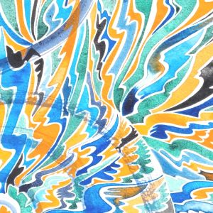 Aquarelle abstraite contemporaine. Noir, orange, bleu. Format 76 x 56 cm. Extrait 2