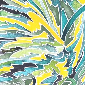Aquarelle abstraite contemporaine. Vert, noir et jaune. Format 56 x 66 cm. Extrait 1