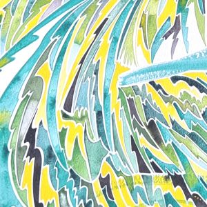 Aquarelle abstraite contemporaine. Vert, noir et jaune. Format 56 x 66 cm. Extrait 3