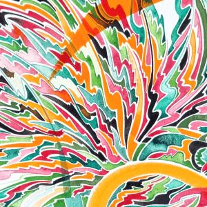 Aquarelle abstraite contemporaine. Noir, orange, vert. Format 56 x 76 cm. Extrait 1
