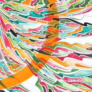 Aquarelle abstraite contemporaine. Noir, orange, vert. Format 56 x 76 cm. Extrait 2